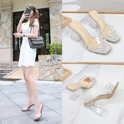 Crystal Ribbon Design Transparent Low Heel Womens Summer Shoes