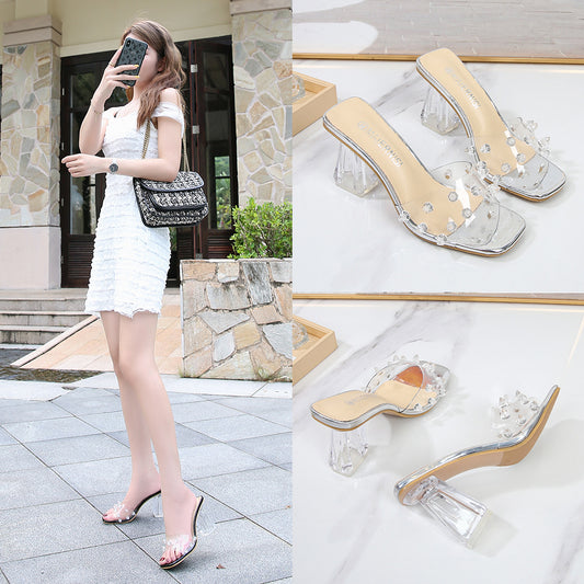 Crystal Ribbon Design Transparent Low Heel Womens Summer Shoes