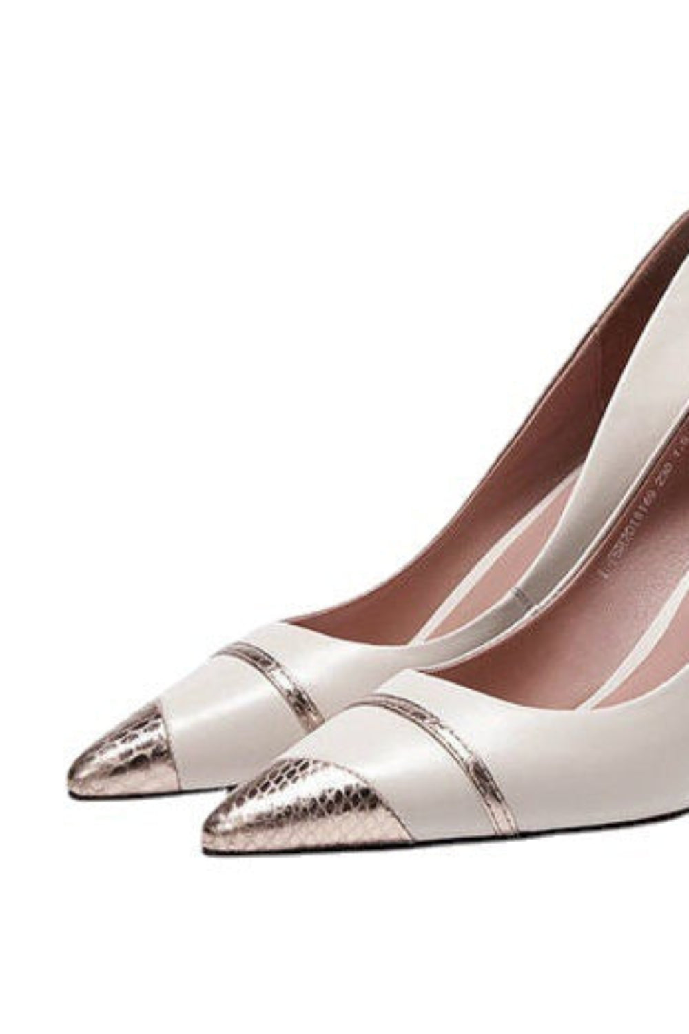 White high-heeled shoes with metallic cap-toe design on a white background