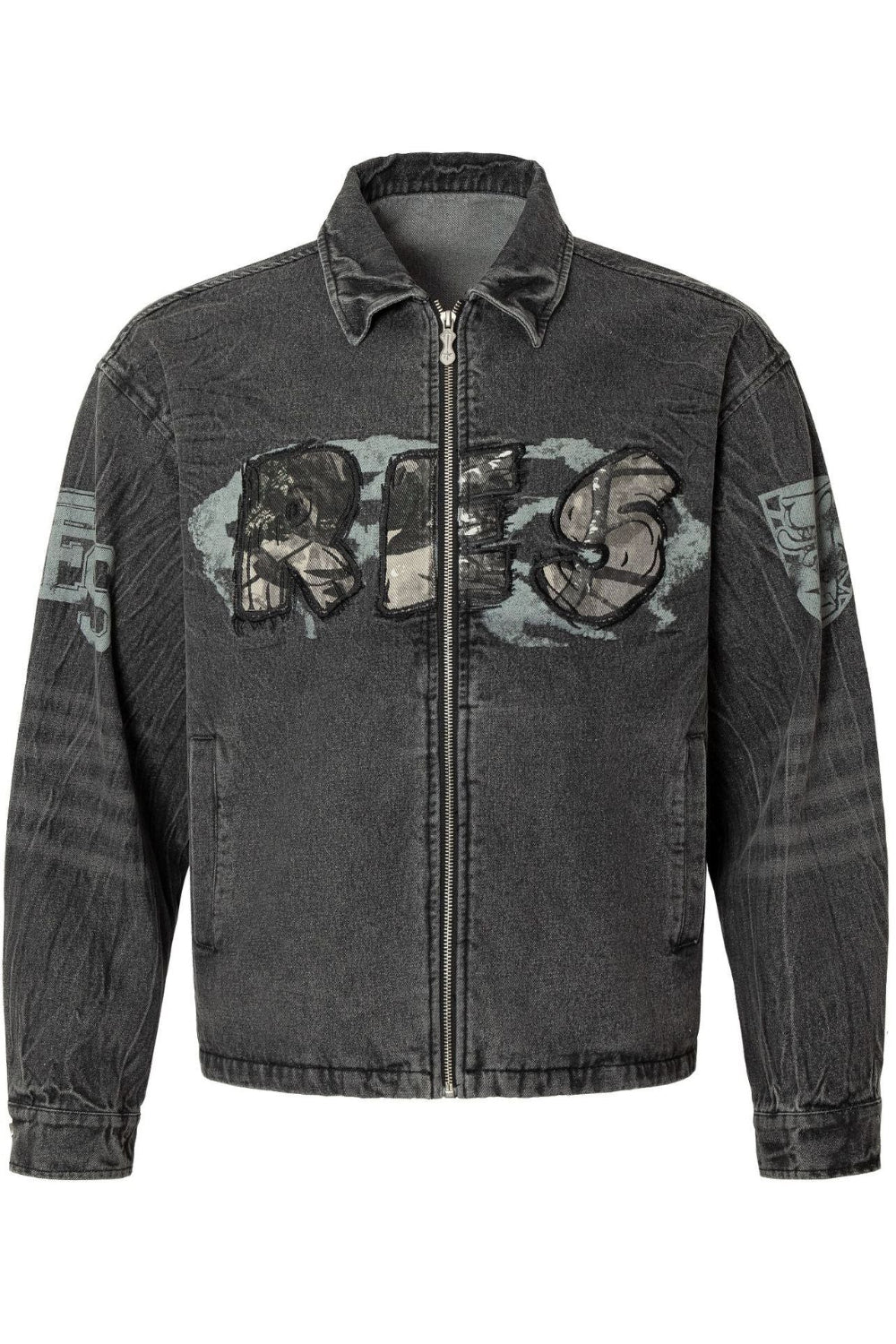 Black denim jacket with graphic designs on a white background
