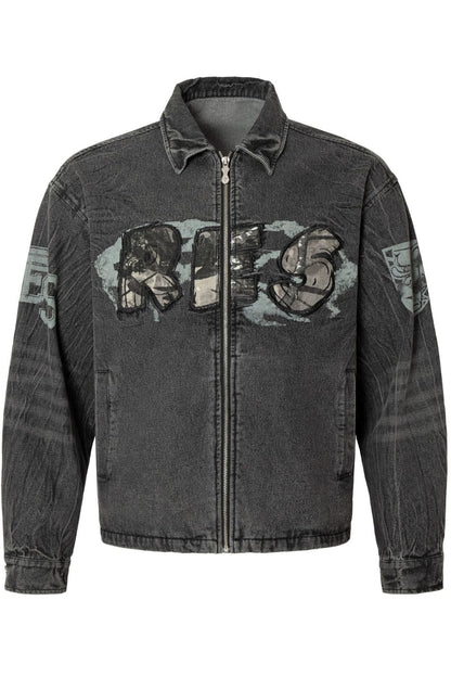 Black denim jacket with graphic designs on a white background
