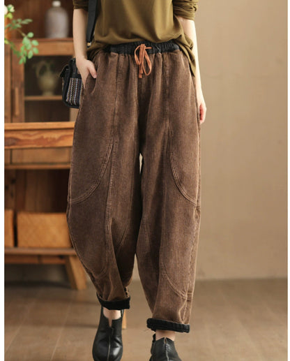 Loose Stitching & Brushed Warm Corduroy Trousers – Full-Length Winter Pants