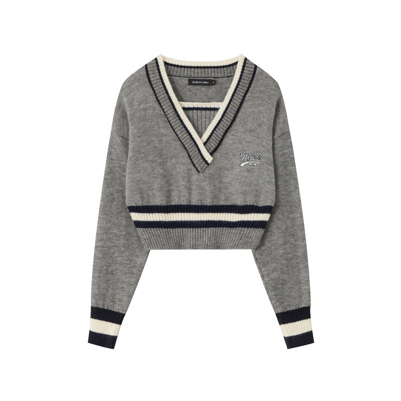 Two-Tone V-Neck Sweater for Women – Cute Oversized Pullover with Embroidery