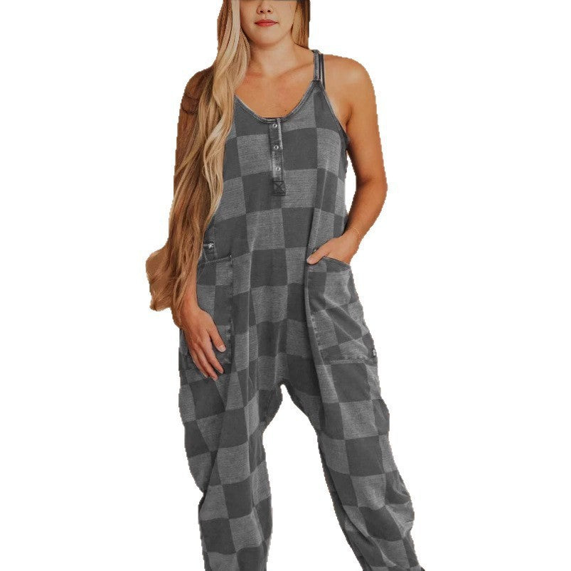 Women Fashion Plaid Jumpsuit Romper