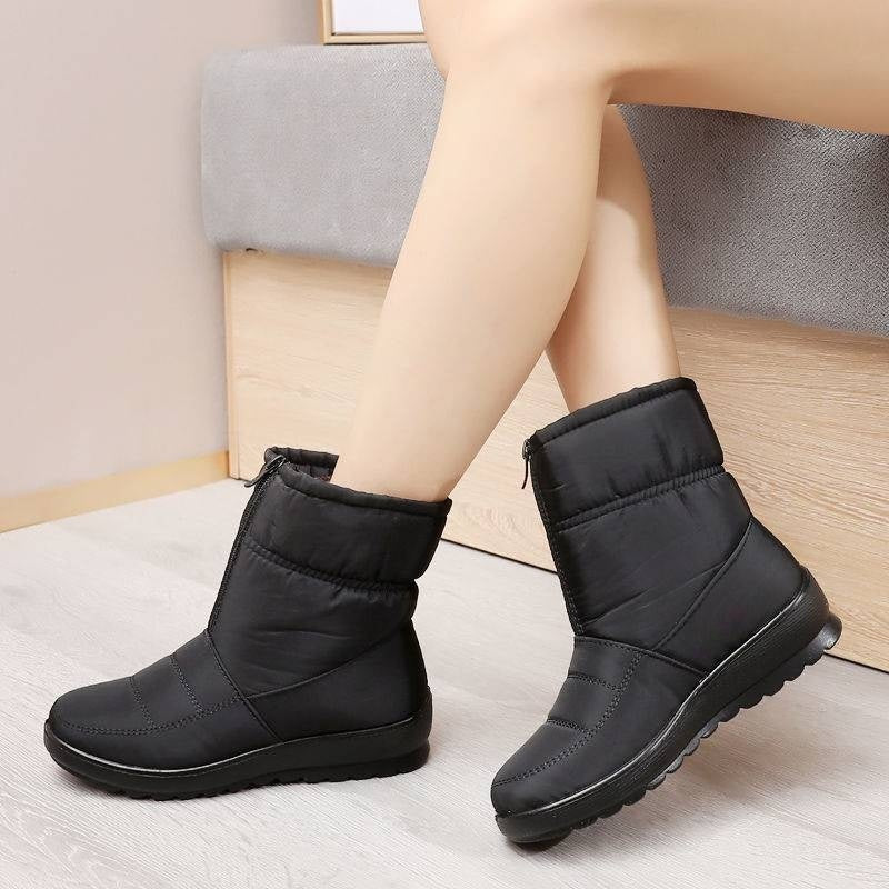 Waterproof Mid-Heel Snow Boots for Women – Stylish Patent Leather Winter Footwear