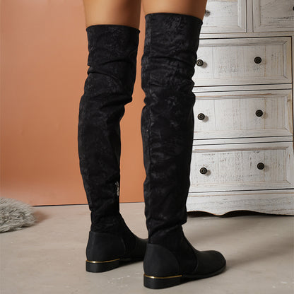 Over-the-Knee Suede Boots for Women | Round Toe Thick Low Heel Winter & Party Boots