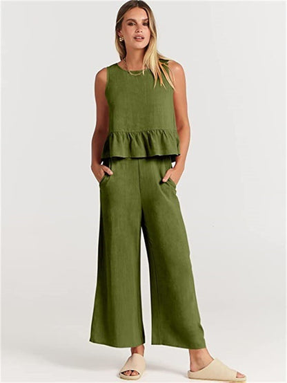 Pleated Sleeveless Vest & Wide-Leg Cropped Trousers Two-Piece Outfit Set | Chic Summer Vibes Style 2025