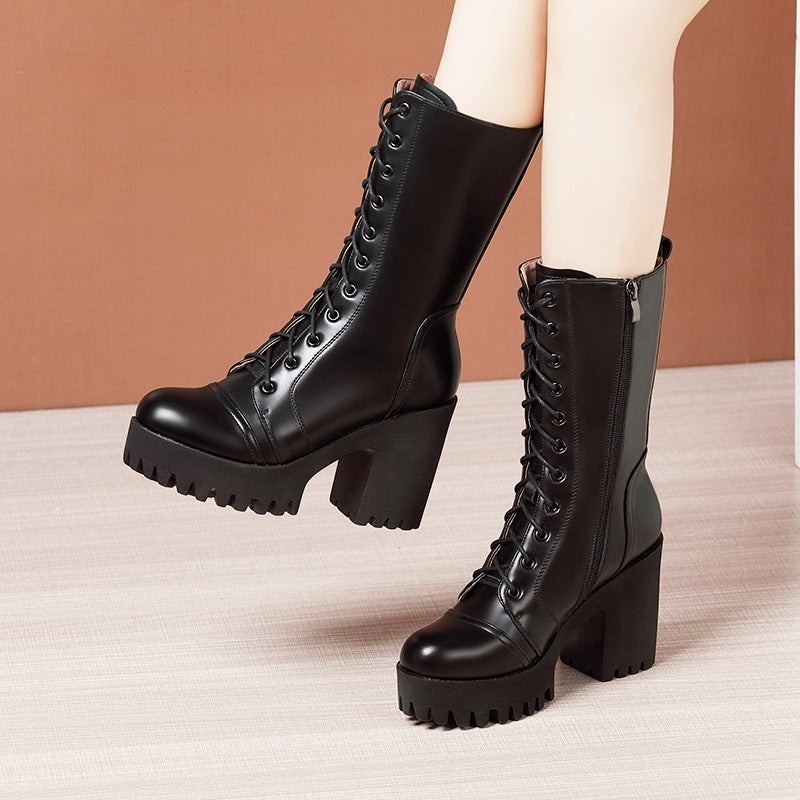 Womens Winter Mid Calf Boots Round Toe Zip Platform Lace Up Warm Boots For Women Comfortable Female Shoes