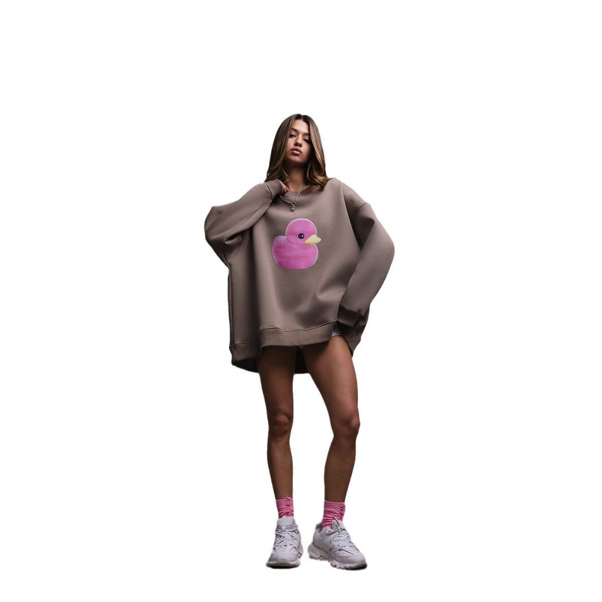 Cute Duck Print Sweater for Women – Loose Cotton Pullover, Cozy Autumn & Winter Outfit