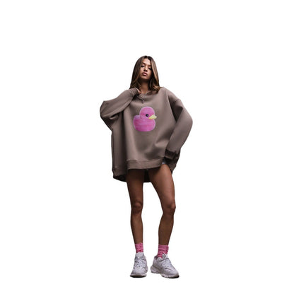 Cute Duck Print Sweater for Women – Loose Cotton Pullover, Cozy Autumn & Winter Outfit