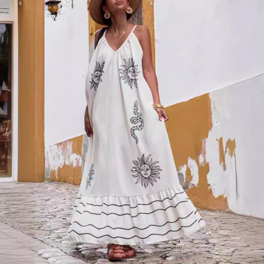 Fresh Summer Style Women V Neck Tapered Waist Dresses