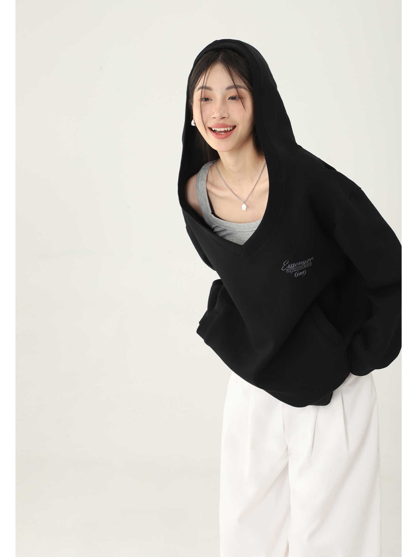 Fashionable V Neck Long Sleeved Sweatshirt Women S Solid Color Hoodie For Autumn Winter Streetwear