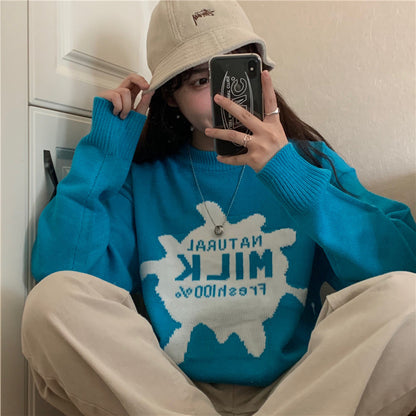 Loose Japanese Cartoon Anime Sweater – Retro Blue Pullover