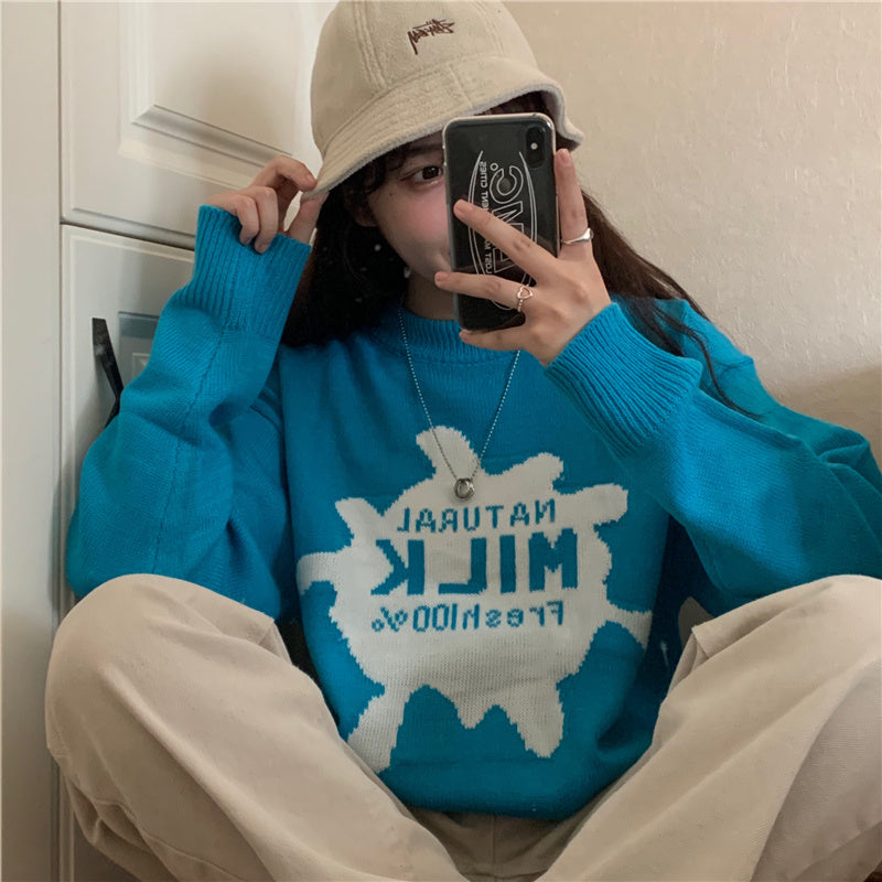 Loose Japanese Cartoon Anime Sweater – Retro Blue Pullover