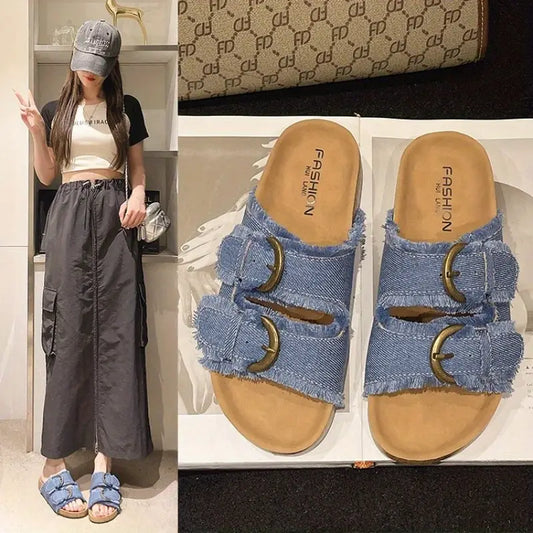 Women’s Denim Sandals – Flat Summer Slides for Casual & Aesthetic Outfits