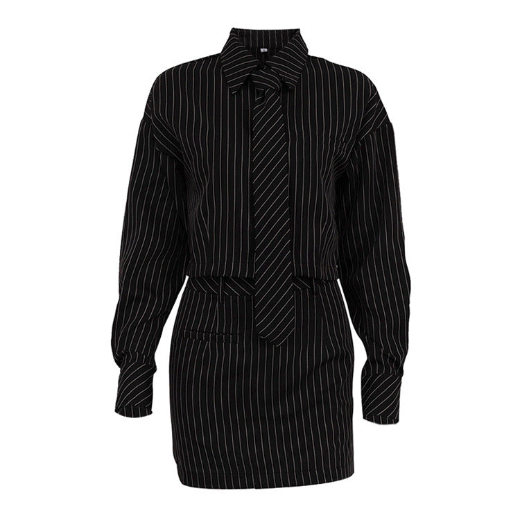 Striped Two-Piece Set for Women – Long Sleeve Tie Shirt & Mini Skirt Officewear Outfit