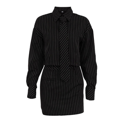 Striped Two-Piece Set for Women – Long Sleeve Tie Shirt & Mini Skirt Officewear Outfit