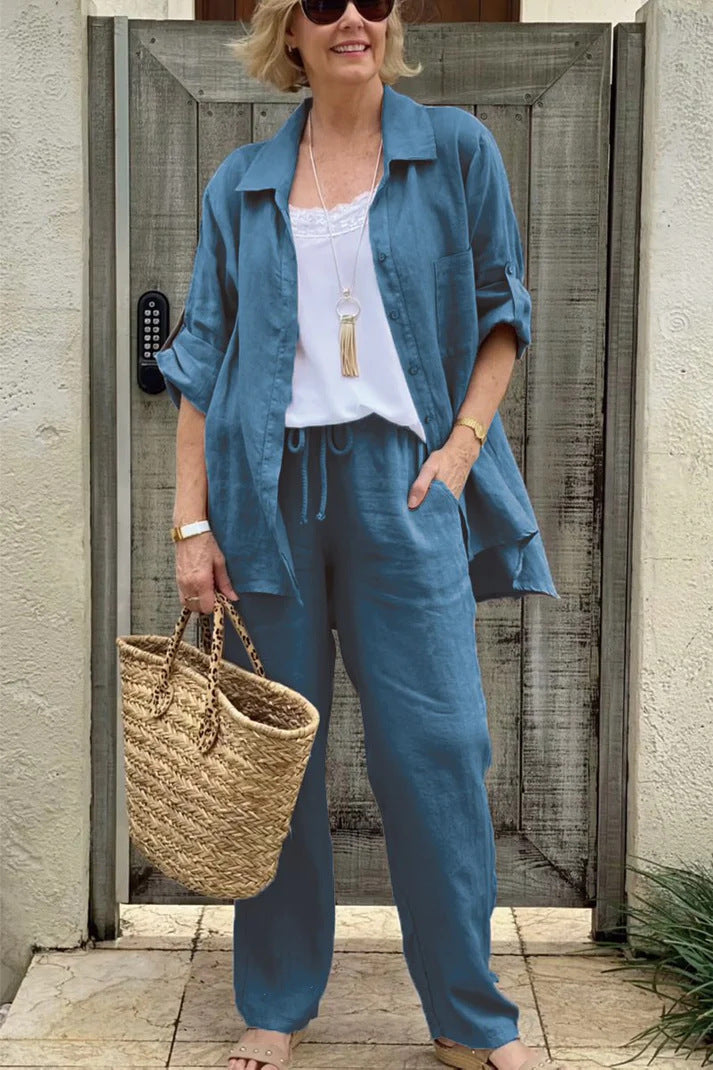 Solid Color Shirt & Trouser Two-Piece Outfit Set | Casual Style 2025 Aesthetic