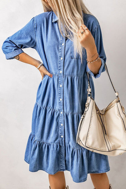 Women Single Breasted Streetwear Denim Midi Dress