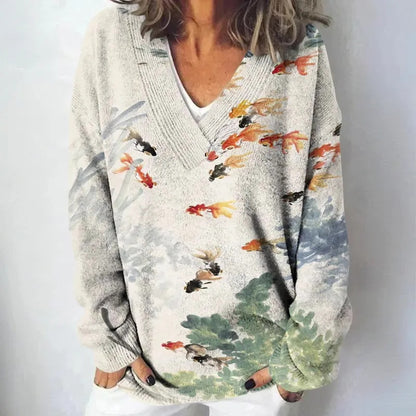 Plus Size V-Neck Sweater for Women – Nature Beauty Printed Loose Pullover
