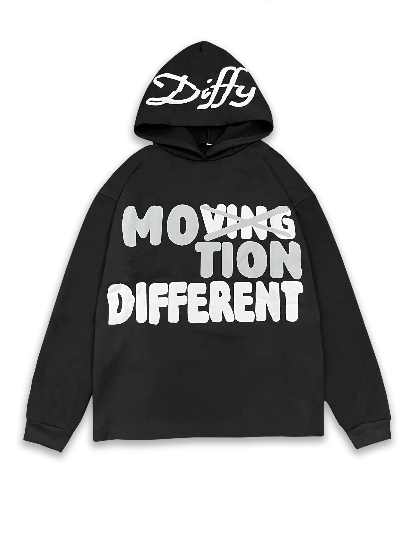 Black hoodie with white text on a white background