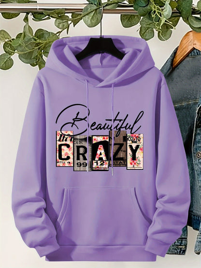 Plus Size CRAZY Print Hoodie – Women’s Casual Pullover Sweatshirt with Kangaroo Pocket for Fall/Winter