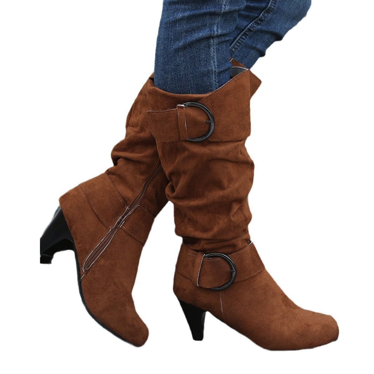 High Tube Below-the-Knee Boots for Women | British Style Suede Boots with Short Thick Heel
