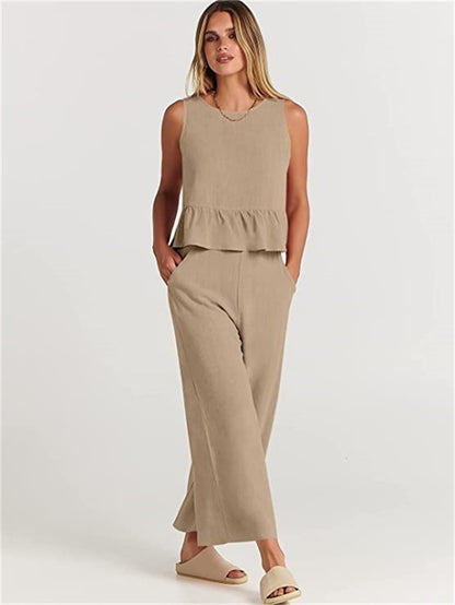 Pleated Sleeveless Vest & Wide-Leg Cropped Trousers Two-Piece Outfit Set | Chic Summer Vibes Style 2025