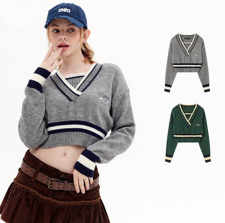 Two-Tone V-Neck Sweater for Women – Cute Oversized Pullover with Embroidery