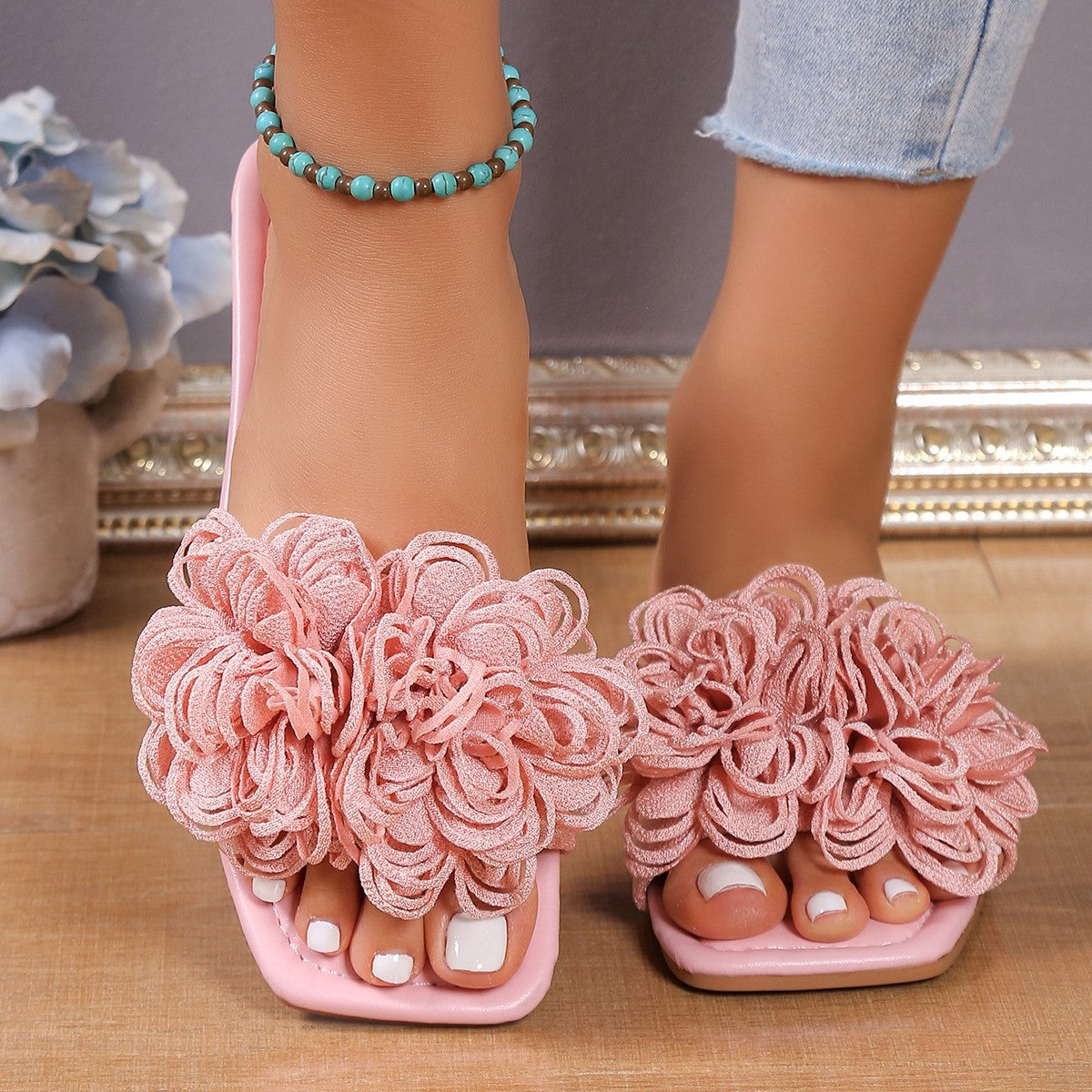 Pink Flower Design Super Comfort Flat Slipper For Women