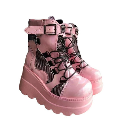 European & American Pink Mid-Calf Boots | Wedge Heel Waterproof Autumn-Winter Footwear