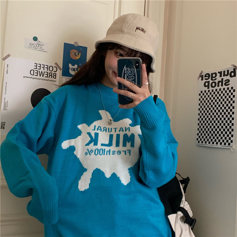 Loose Japanese Cartoon Anime Sweater – Retro Blue Pullover