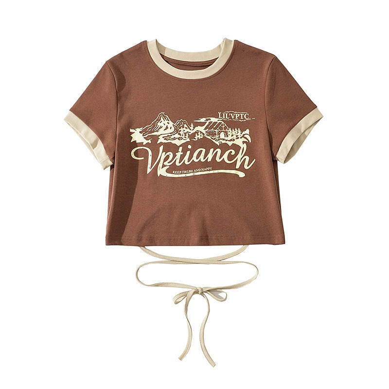 Women’s Print Front Contrast Trim Crop Tee – Y2K Streetwear Lace-Up Back Top