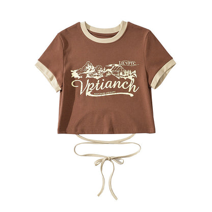 Women’s Print Front Contrast Trim Crop Tee – Y2K Streetwear Lace-Up Back Top