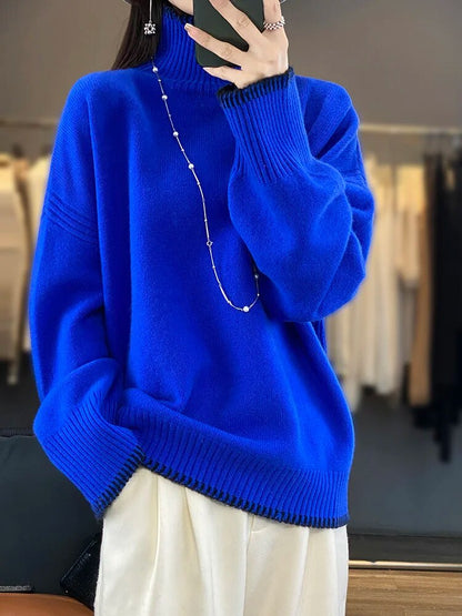 2025 Women's 100% Pure Wool Cashmere Sweater – Turtleneck Pullover, Loose Fit High Neck Knit Top for Autumn/Winter, Large Size