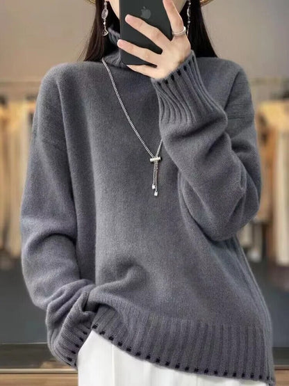 2025 Women's 100% Pure Wool Cashmere Sweater – Turtleneck Pullover, Loose Fit High Neck Knit Top for Autumn/Winter, Large Size