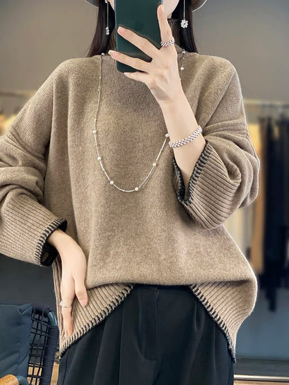 2025 Women's 100% Pure Wool Cashmere Sweater – Turtleneck Pullover, Loose Fit High Neck Knit Top for Autumn/Winter, Large Size