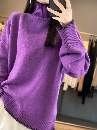 2025 Women's 100% Pure Wool Cashmere Sweater – Turtleneck Pullover, Loose Fit High Neck Knit Top for Autumn/Winter, Large Size