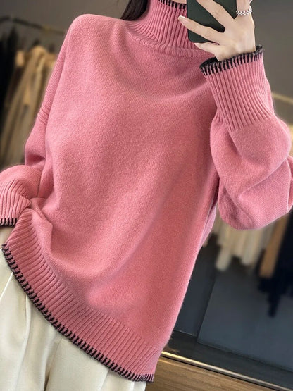 High Quality Pure Wool Turtleneck Loose Fit Sweaters For Women