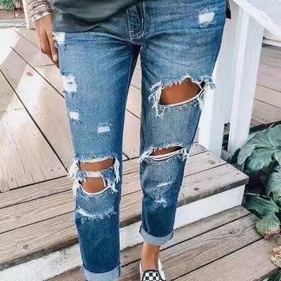Distressed Ripped Mid-Rise Pencil Jeans – Slim Fit Denim for Women