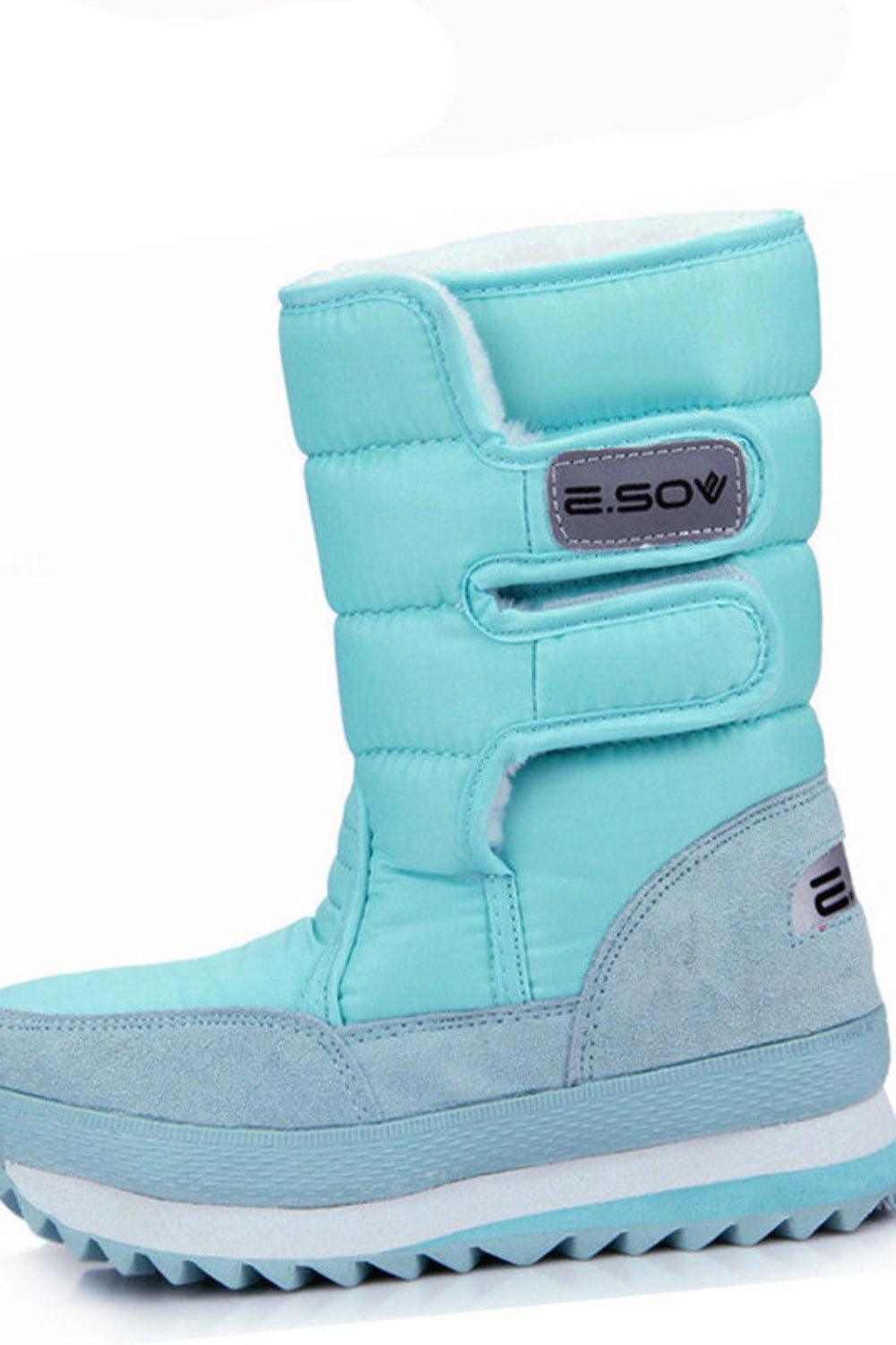 Light blue winter boot with white sole on a white background