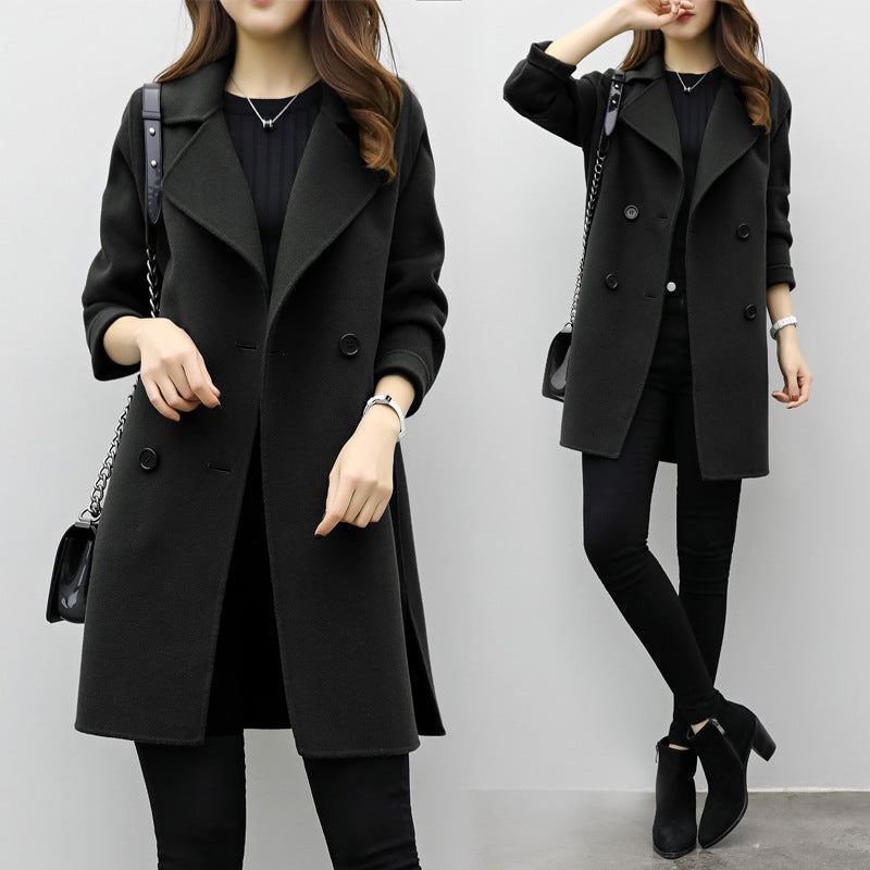 Womens Autumn Retro Double Breasted Loose Slim Fit Woolen Coat