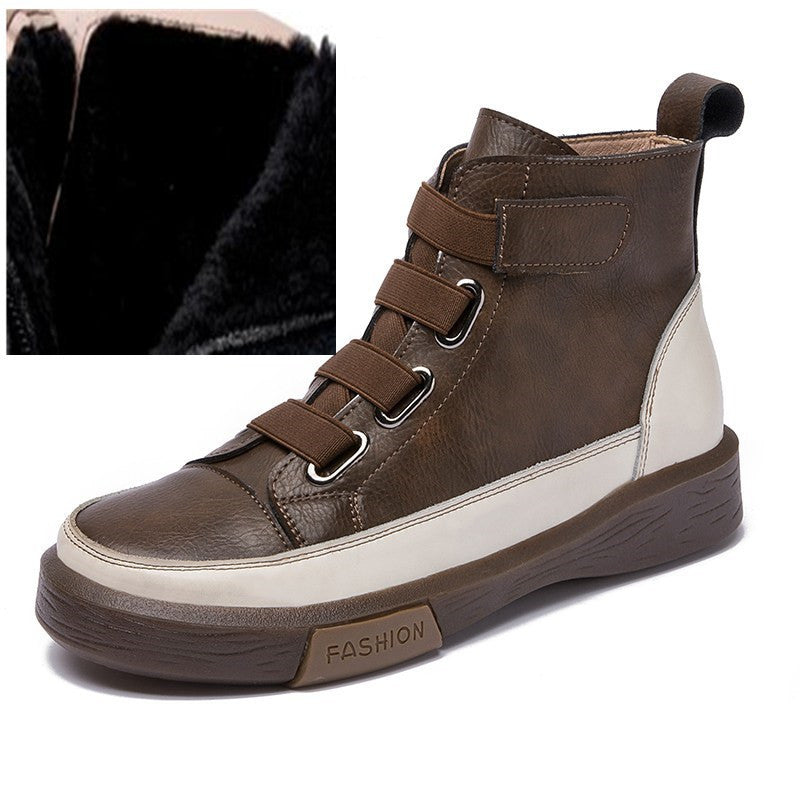 British Vintage Martin Boots for Women | Cowhide Leather Non-Slip Winter Boots with Plus Velvet Lining
