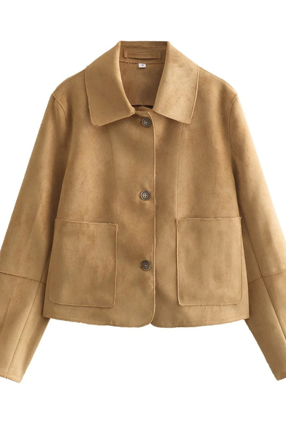 Brown jacket with button details on a white background