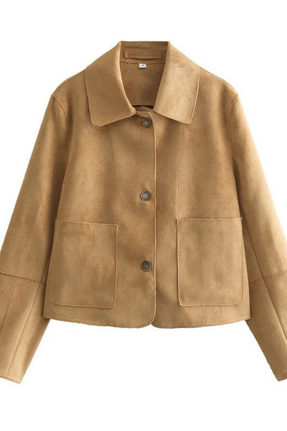 Brown jacket with button details on a white background