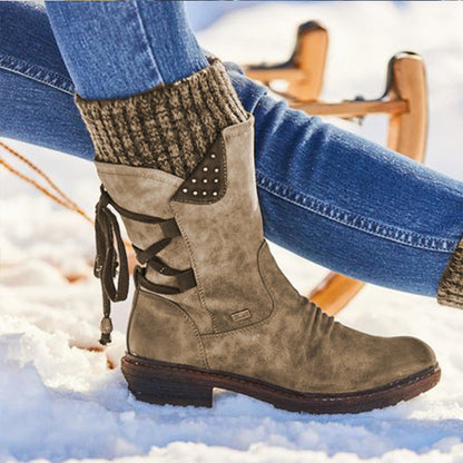 Women’s Mid-Calf Snow Boots | Martin-Inspired Microfiber Winter Boots with Rhinestone Accents