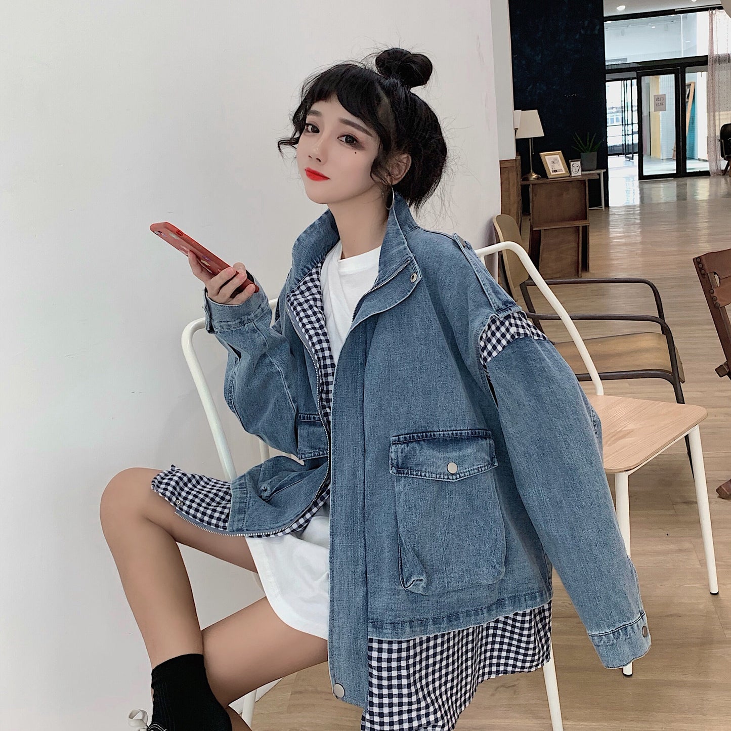 Long Sleeve Crop Top Belted Design Women Spring Denim Jackets