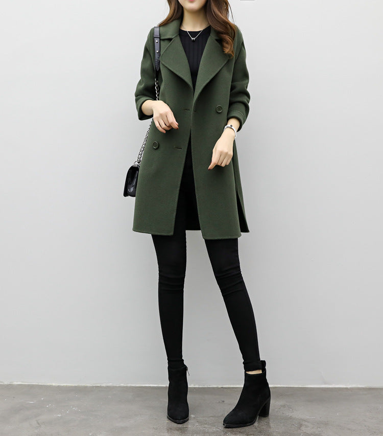 Womens Autumn Retro Double Breasted Loose Slim Fit Woolen Coat