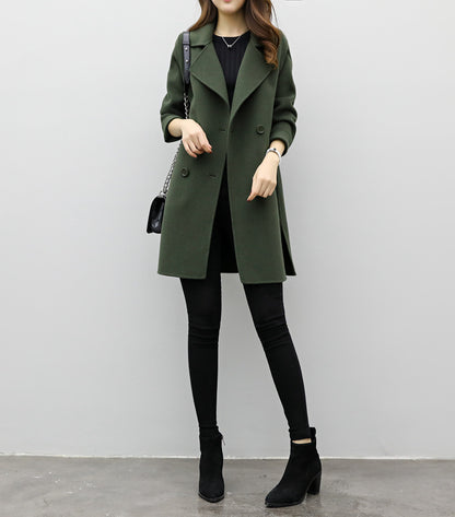 Womens Autumn Retro Double Breasted Loose Slim Fit Woolen Coat