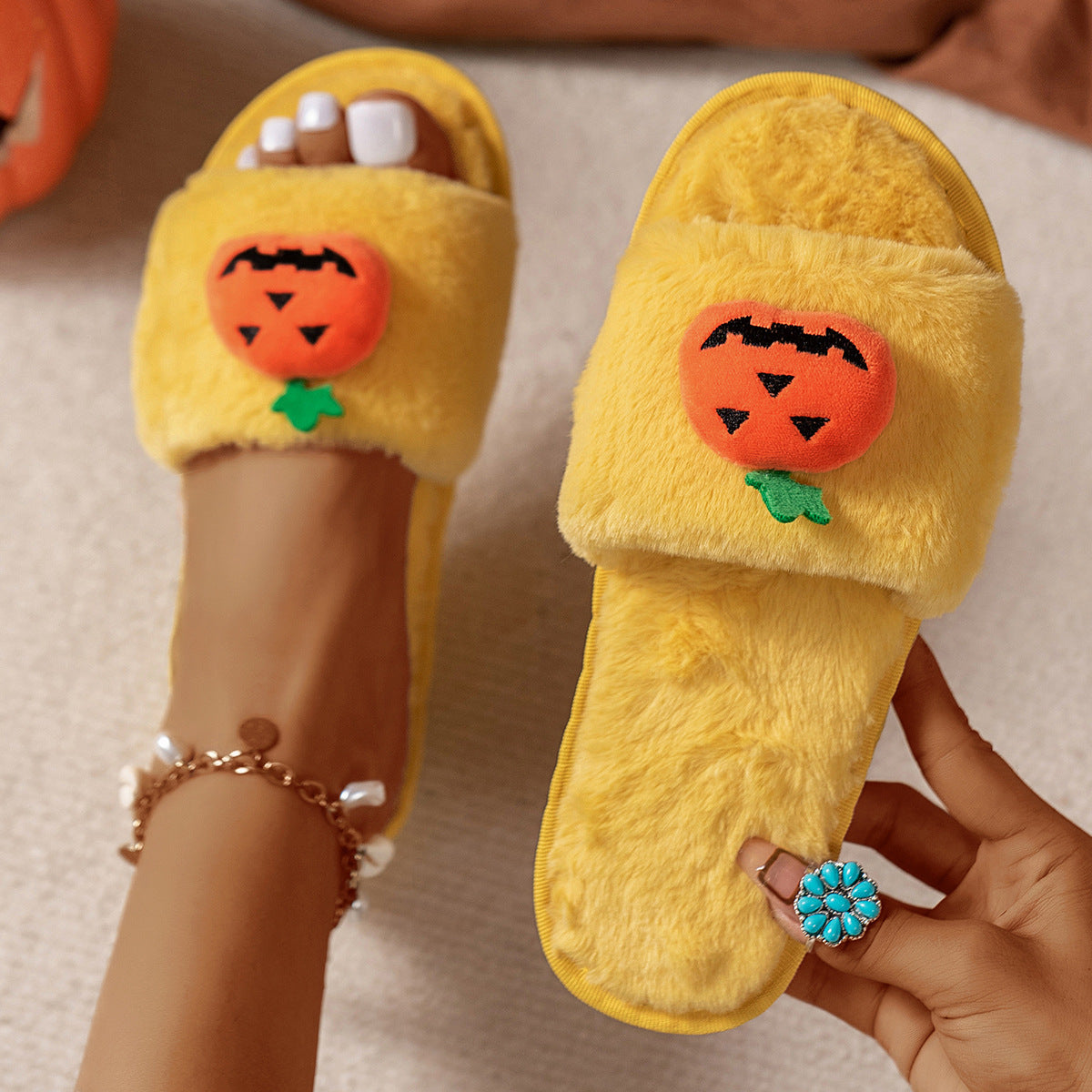 Halloween Pumpkin Plush Slippers – Cozy Open Toe House Shoes
